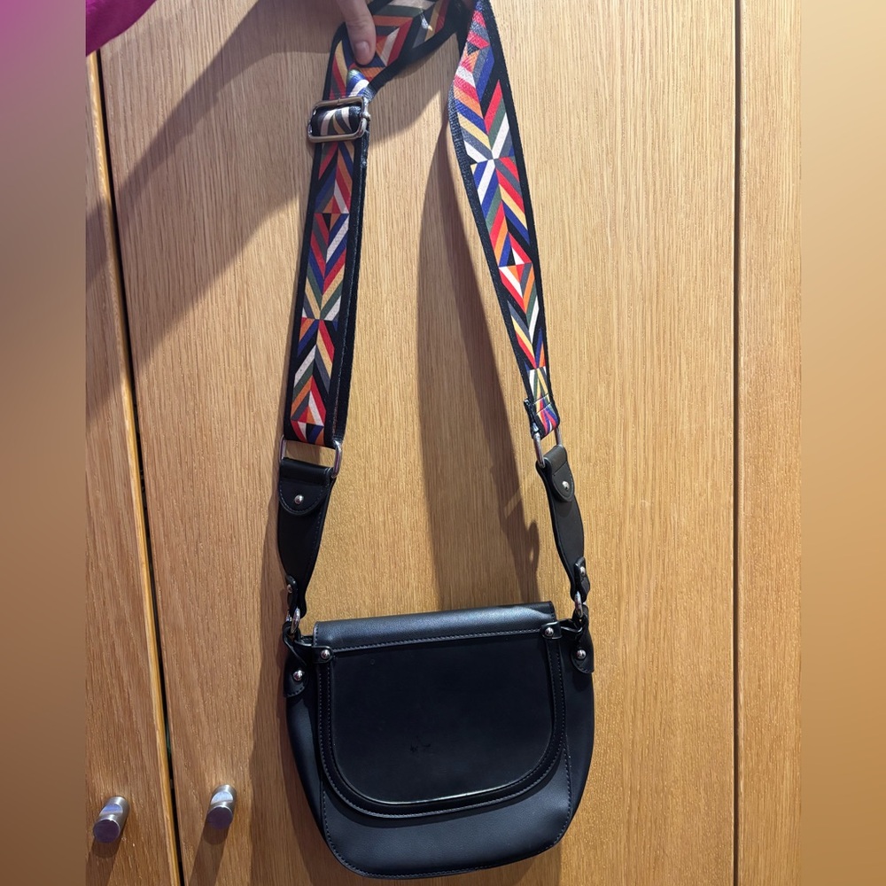 Joanel black vegan Leather Crossbody Bag with Patterned Strap